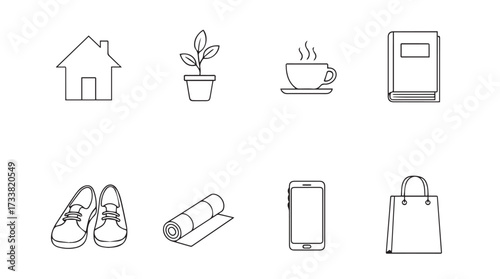 Collection of simple line drawing icons for home lifestyle and shopping on a vector