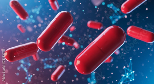 Futuristic 3D Scene of Red Pharmaceutical Capsules Hovering in Mid-Air with Motion Blur and Bokeh Effects, Surrounded by Glowing Particles and Digital Network Lines, Highlighting Advanced Medical 