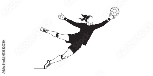 Minimal line art illustration of a soccer goalkeeper diving to catch the ball, symbolizing athleticism, teamwork, and sports passion. Perfect for football graphics, posters, and modern sports artwork.