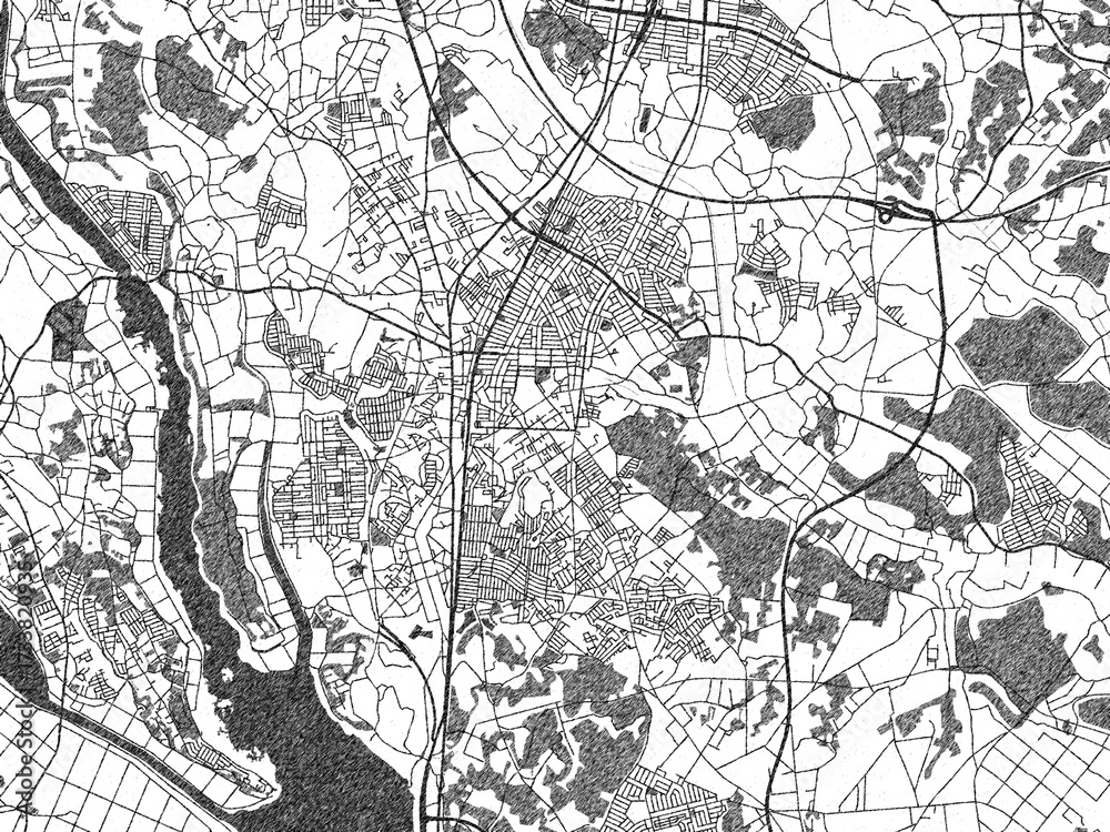 Naklejka premium Hand-drawn style black and white city map of Ushiku, Japan, ready for wall art or editorial projects.