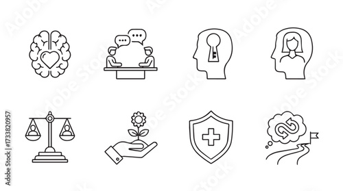 Set of conceptual icons representing psychology and mental health in a clean outline style vector
