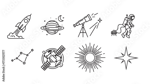 Whimsical hand-drawn space icons for cosmic adventures and celestial exploration vector