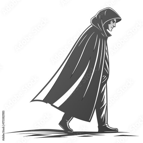 Man in dark cloak with hood walking vector