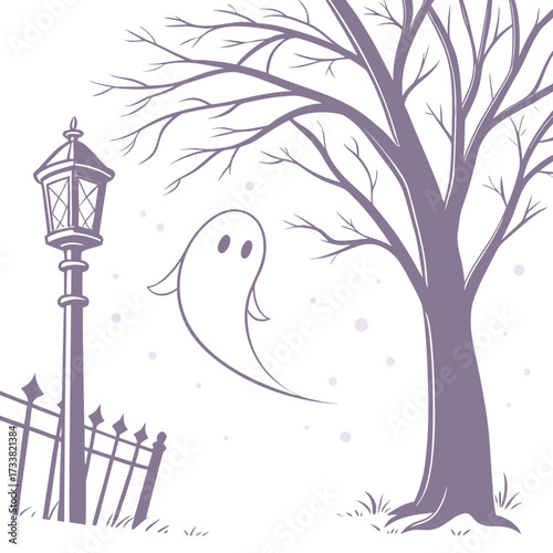 Minimalist purple ghost floats near bare tree and lamppost