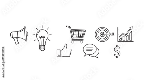 Business icons set for marketing strategy and growth concepts in a doodle style vector