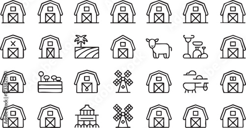 Farm vector line icons set with barns animals fields and windmills for agriculture design