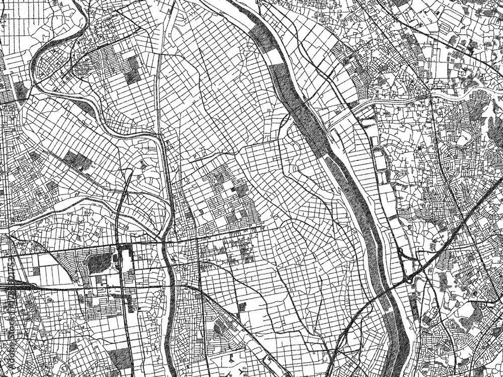 Fototapeta premium Decorative black and white map of Yoshikawa, Japan, rendered in sketch-like style.