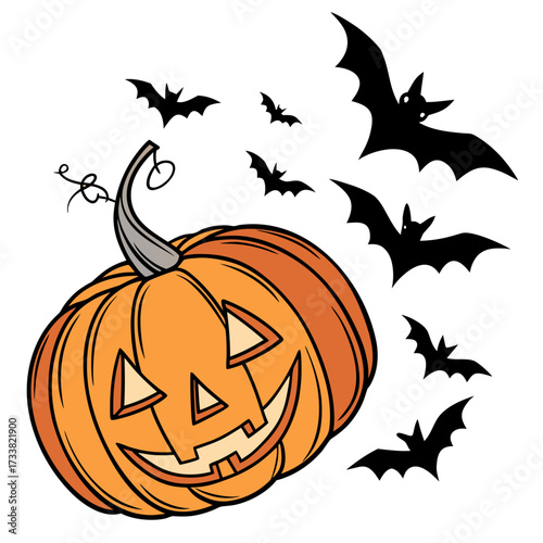 Orange Jackolantern with Black Bats Silhouette Halloween