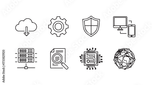 Hand drawn technology icons set featuring cloud computing data security and networking concepts vector