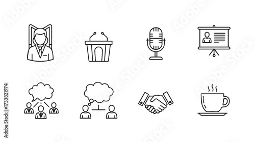Business icons set meeting presentation speech microphone handshake coffee cup icons collection vector