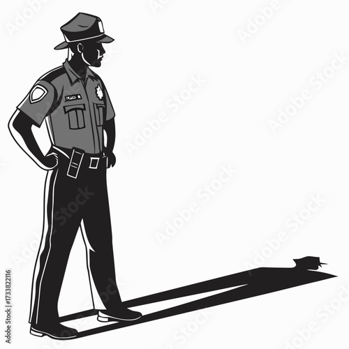 Police Officer Silhouette Standing with Long Shadow