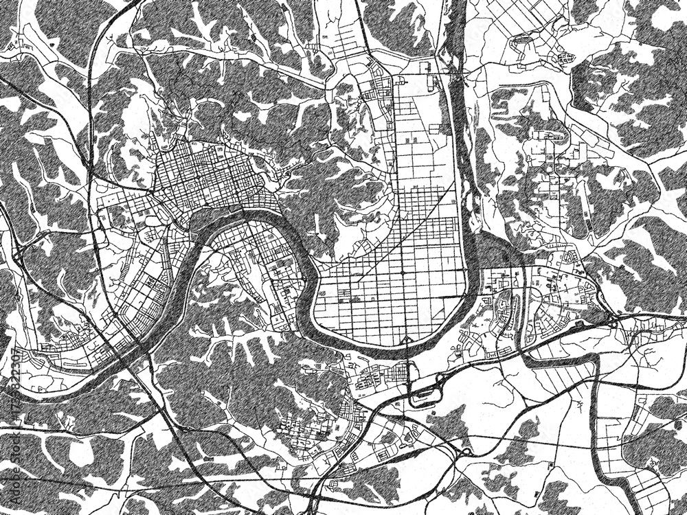 Obraz premium Hand-drawn style black and white city map of Chinju, Republic of Korea, with detailed streets and textures.