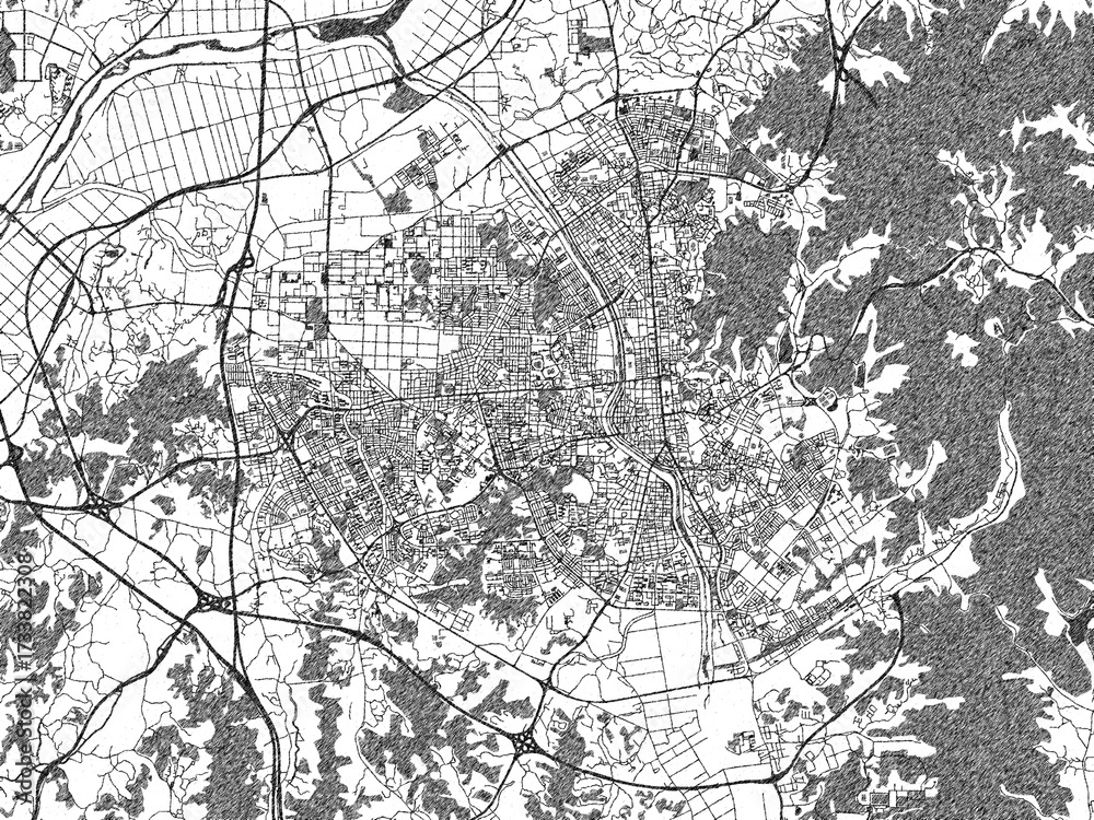 Naklejka premium Minimal poster-style map of Cheongju-si, Republic of Korea, hand-drawn style in monochrome.