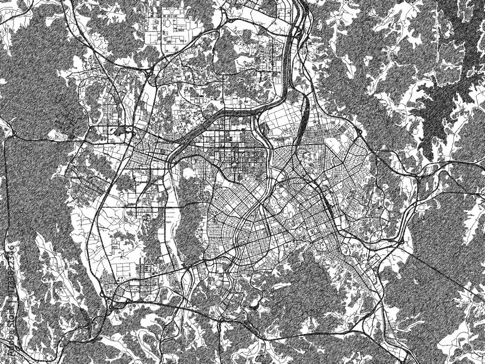 Naklejka premium Poster-ready black and white illustration map of Daejeon, Republic of Korea, detailed and artistic.