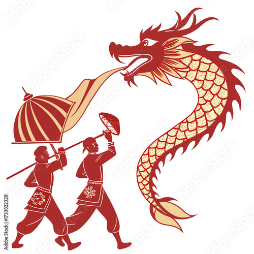 Red Chinese Dragon Dance Silhouette with Performers and Umbrellas