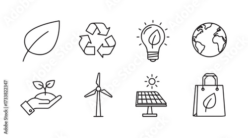 Hand drawn eco friendly icons set featuring leaf recycling lightbulb earth wind turbine solar panel vector