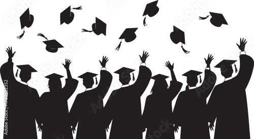 Education achievement vector art with graduates throwing hats at ceremony
