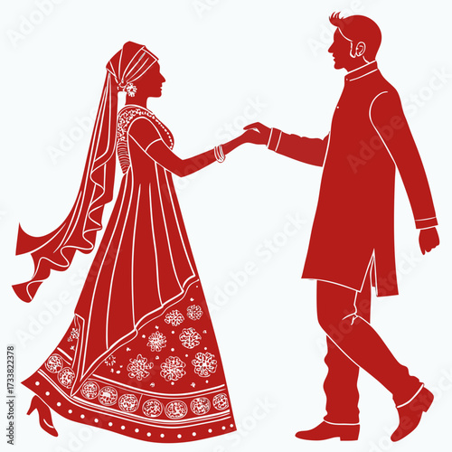 Red silhouette of Bangladeshi bride and groom holding hands