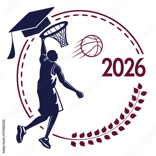 Silhouette basketball player dunking with graduation cap and year 2026
