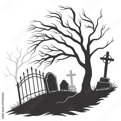 Silhouette graveyard with bare tree tombstones and fence