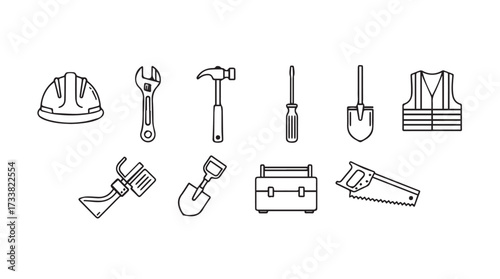 Collection of construction and hand tools safety gear labor icon set for professional use vector