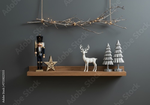Festive Christmas decorations displayed on a wooden shelf