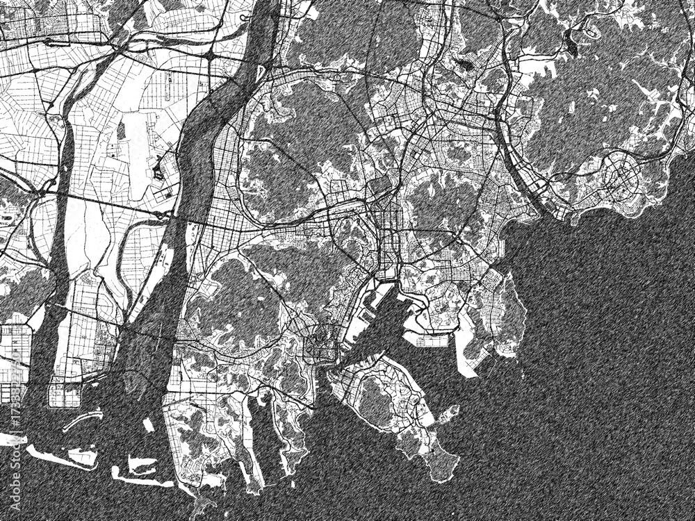 Naklejka premium Sketch-style black and white map of Greater Busan, Republic of Korea, perfect for illustration and wall art.