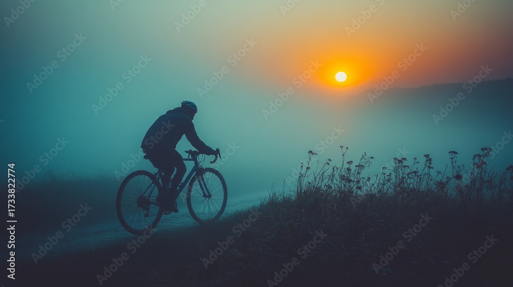 Fototapeta premium A cyclist navigates a foggy landscape at dawn, capturing the serenity of morning adventures