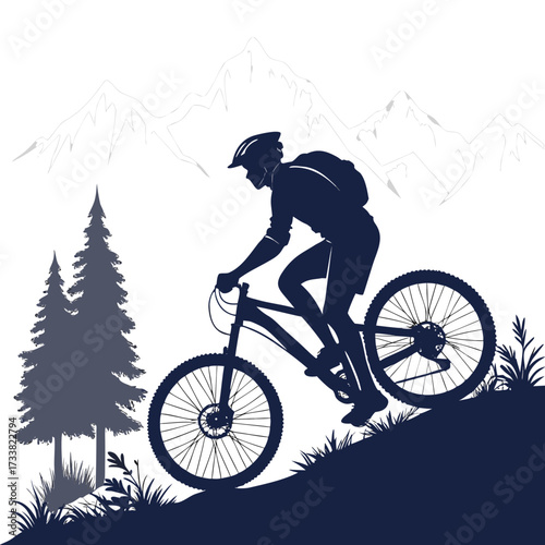 Silhouette of a cyclist on a mountain bike with pine trees and mountains