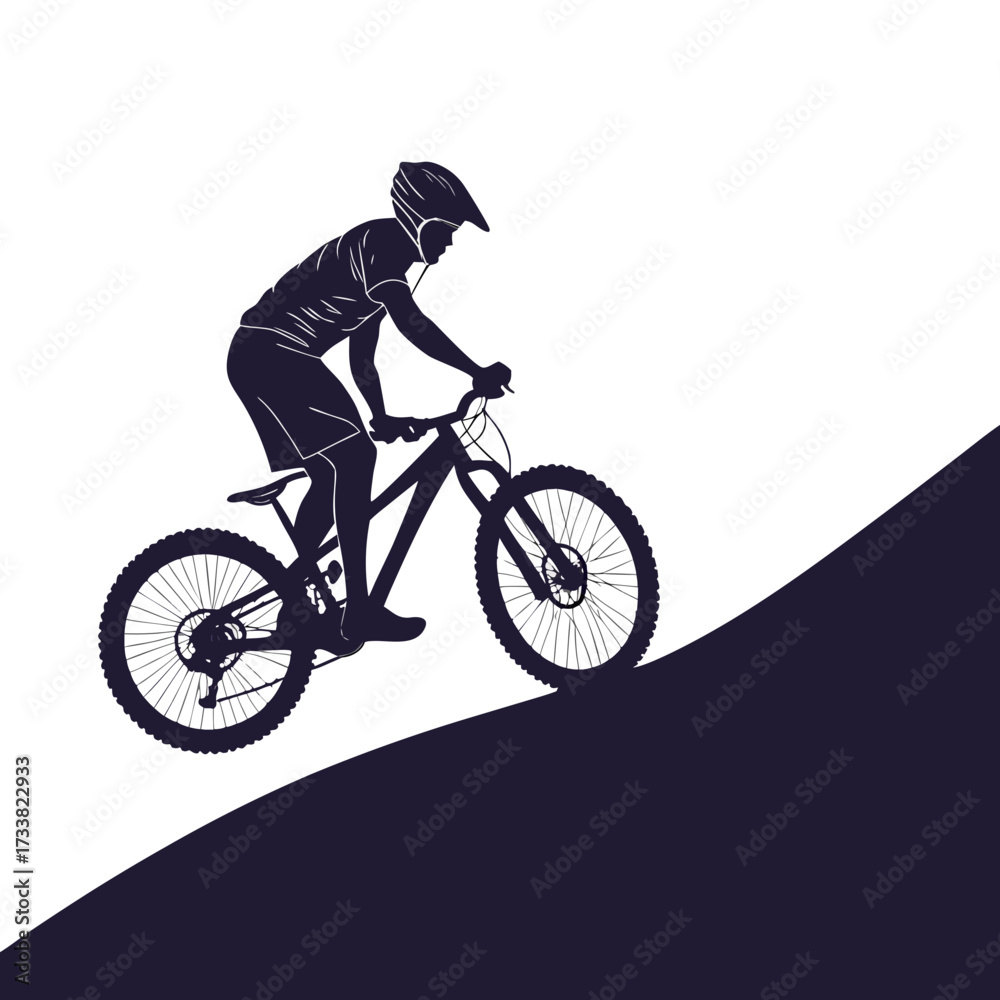 Naklejka premium Silhouette of a mountain biker riding downhill cyclist