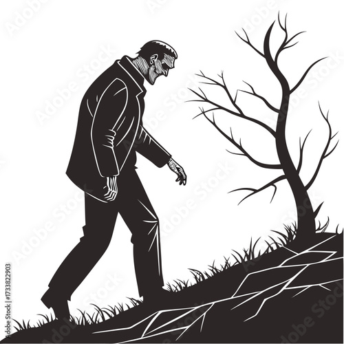 Silhouette of a monstrous figure walking near a bare tree