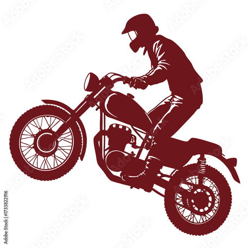 Silhouette of a motorcycle rider performing a wheelie on a white background