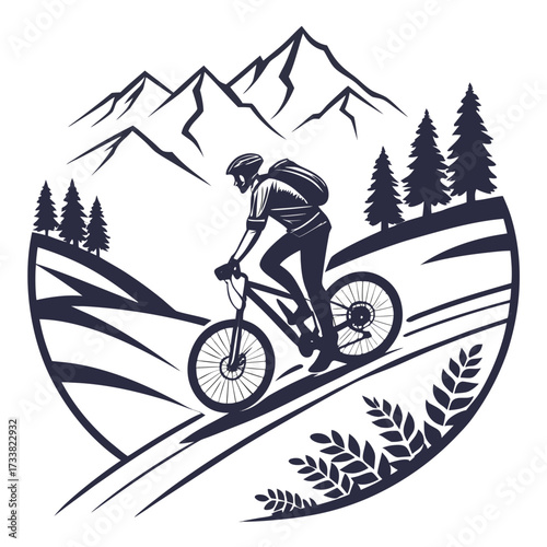 Silhouette of a mountain biker on a trail with pine trees and mountains