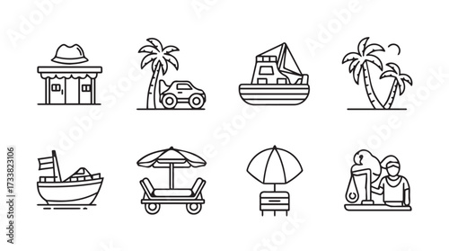 Drawn summer vacation icons beach travel elements for lifestyle and tourism graphics vector
