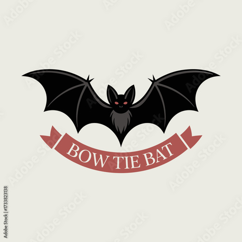 bat with bow tie banner, cute gothic character, Halloween party sticker, quirky nocturnal mascot design, playful vector graphic