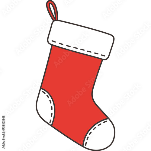 A simple christmas stocking illustration with red body and white trim hanging by a red loop on white background silhouette