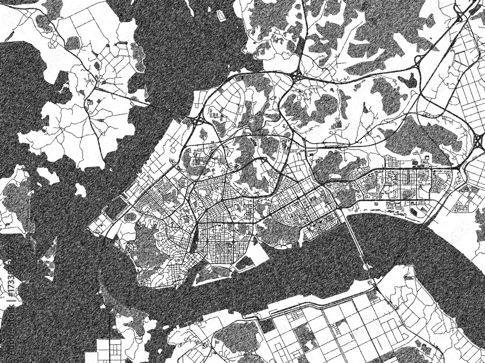 Fototapeta premium Detailed artistic sketch map of Mokpo, Republic of Korea, in monochrome black and white.
