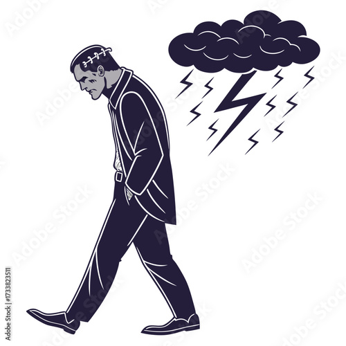 Silhouette of Frankenstein walking under stormy sky