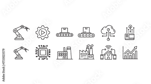 Set of icons representing industry 4.0 automation technology and manufacturing innovation vector