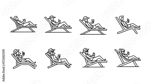 Eight line art variations of a person relaxing in a deck chair with a hat and drink vector