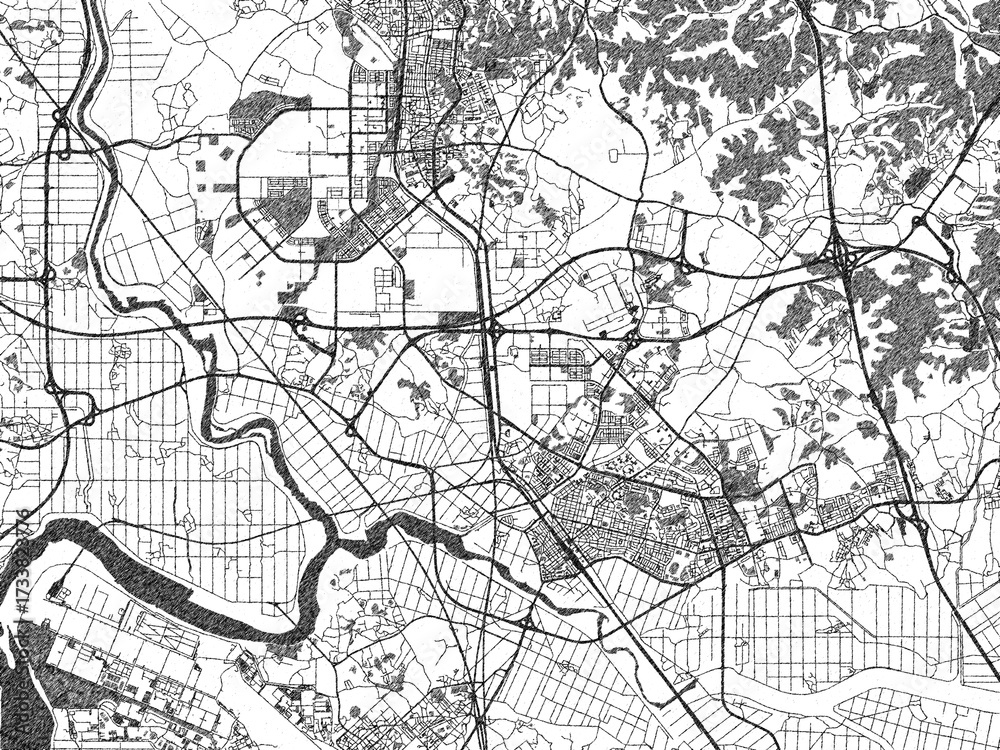 Fototapeta premium Decorative black and white map of Pyeongtaek, Republic of Korea, rendered in sketch-like style.