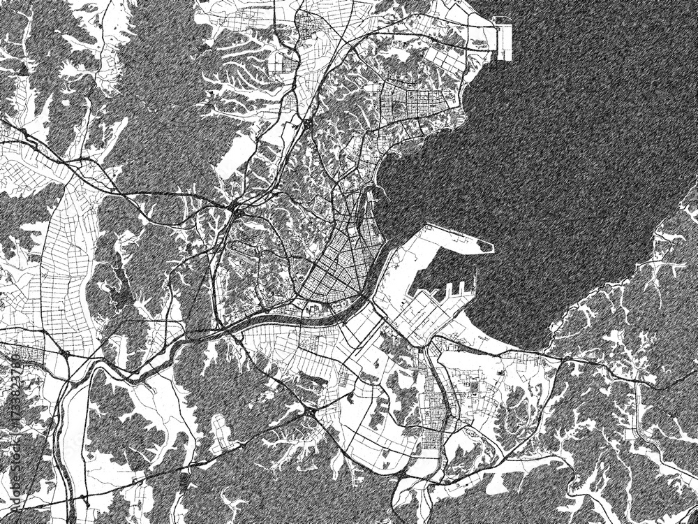 Fototapeta premium Black and white map poster of Pohang, Republic of Korea, illustrated in hand-drawn style.