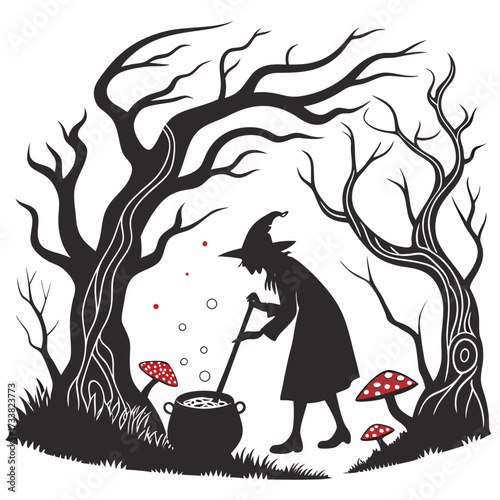 Silhouette witch stirring cauldron in spooky forest with mushrooms