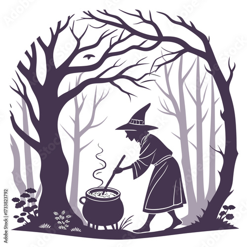 Silhouette witch stirring cauldron in spooky forest