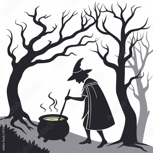 Silhouette witch stirring cauldron under bare trees