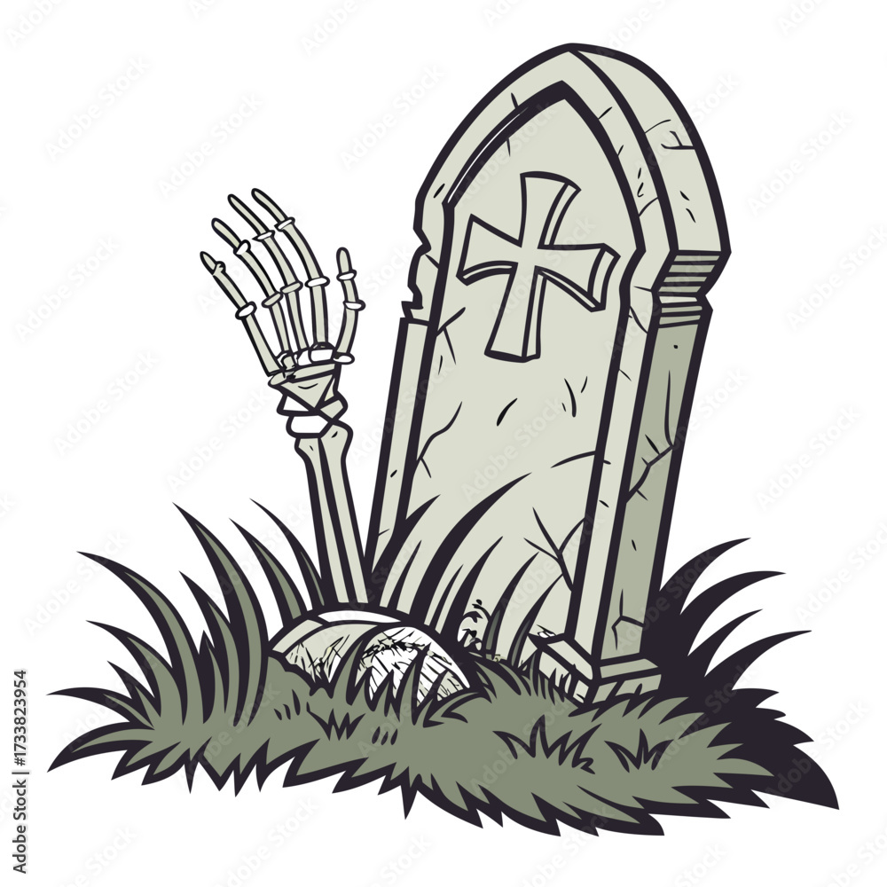 Naklejka premium Skeletal hand rising from grave with tombstone cemetery