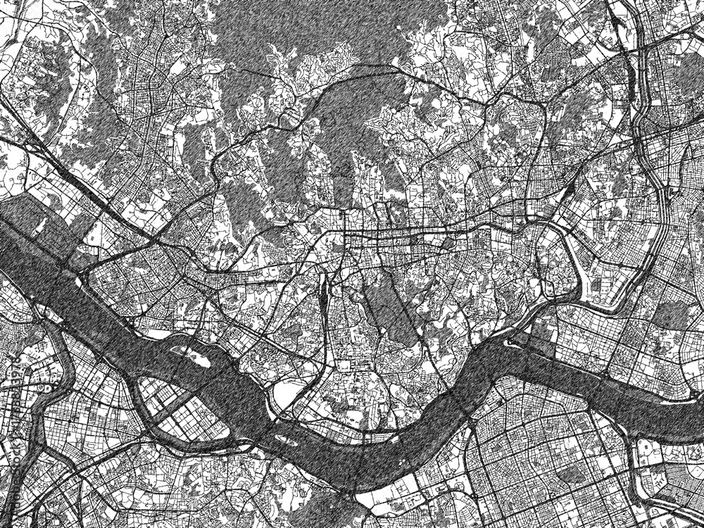 Naklejka premium Black and white cartographic illustration of Seoul, Republic of Korea, in hand-drawn sketch form.