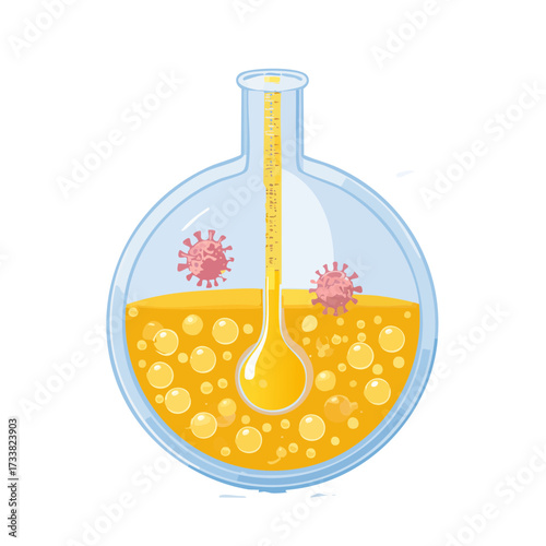 Scientific research in laboratory flask with viruses and bubbles