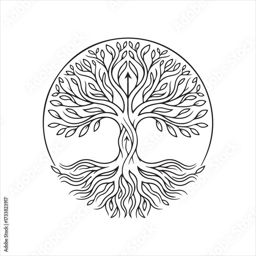 Tree of life mandala design vector illustration, symbolic nature growth line art, spiritual decorative vec