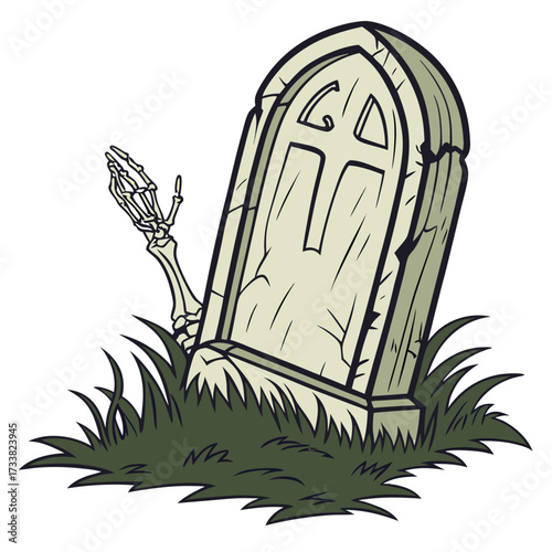 Skeletal hand rising from gravestone in grass tombstone 1